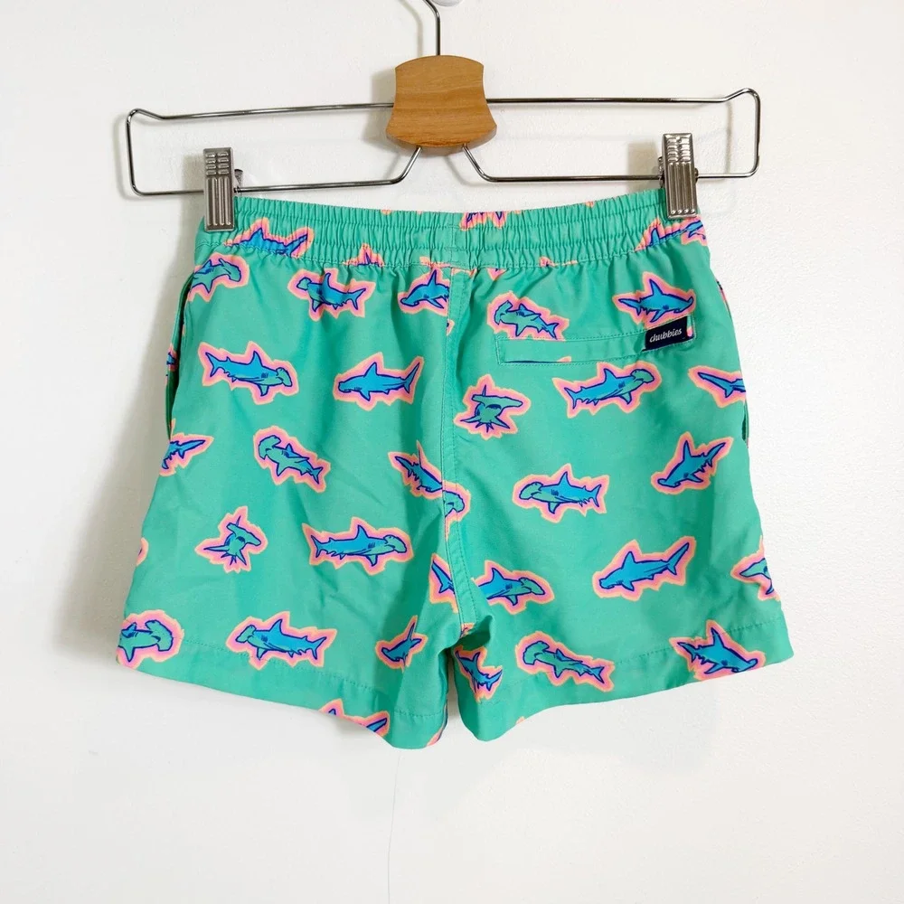 Chubbies Swim Trunks Boys Size S 8/9 Mint Green Neon Shark Print Mesh Lined